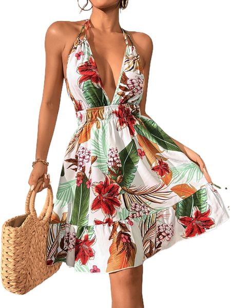 tropical print halter neck backless knot ruffle hem dress z3nw#, Black;gray
tropical print halter neck backless knot ruffle hem dress z3nw#, Black;gray