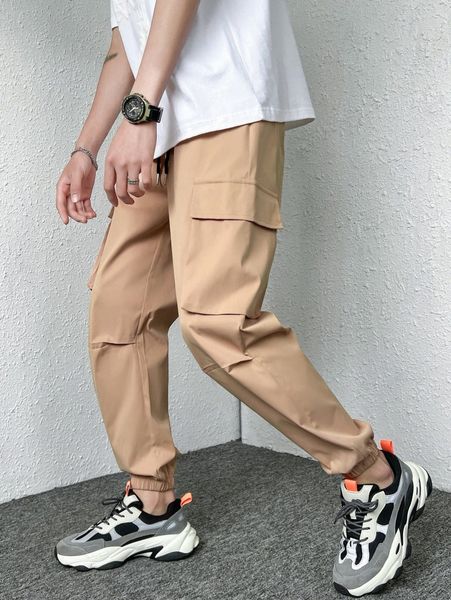 men drawstring waist flap pocket cargo pants o0cg#, Black