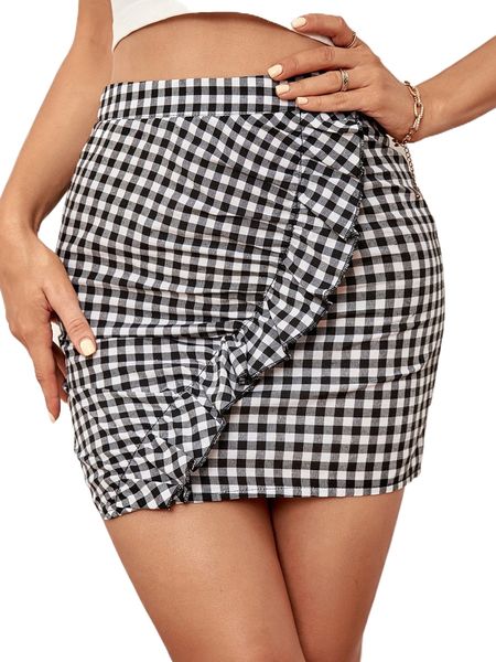 gingham ruffle trim bodycon skirt k8tn#, Black
