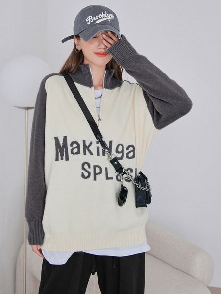 dazy letter pattern color block raglan sleeve half zipper sweater m5ir#, White;black
dazy letter pattern color block raglan sleeve half zipper sweater m5ir#, White;black