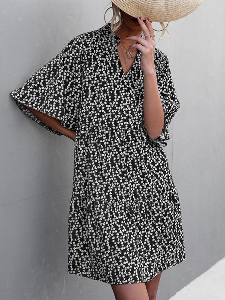 ditsy floral butterfly sleeve notched neck ruffle hem smock dress w9st#, Black;gray