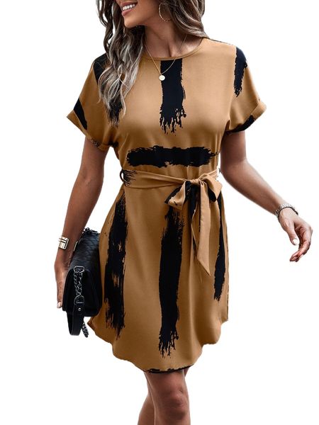 brush print batwing sleeve belted dress q8ga#, Black;gray