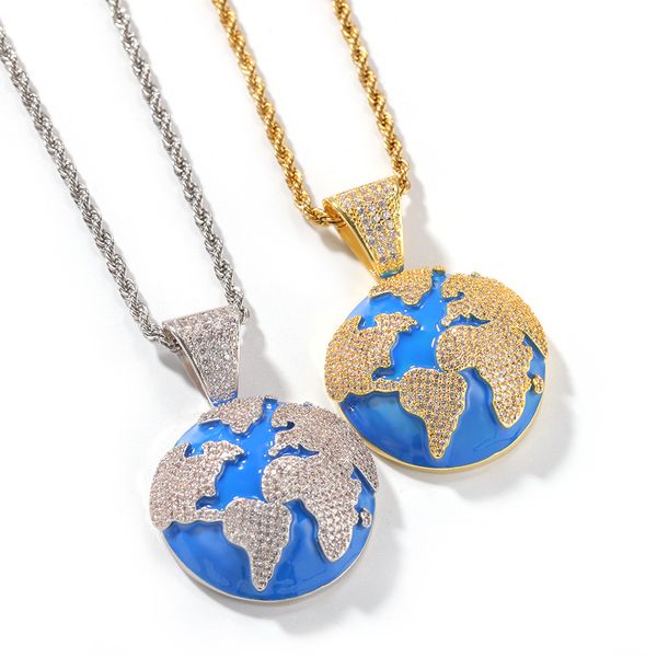 

Iced Out Blue Earth Pendants Necklaces Bling Cubic Zircon Pendant Necklace For Men and Women Fashion Hip Hop Jewelry Gifts