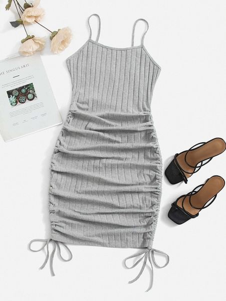 drawstring side rib-knit dress i3hb#, Black;gray
