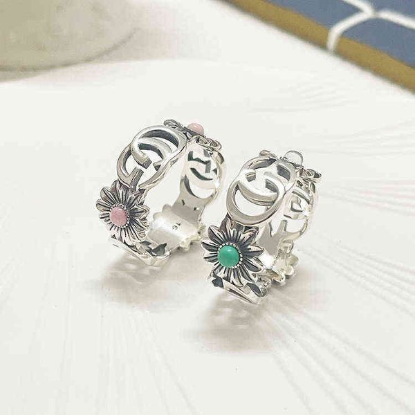 silver daisy flower pink shell ring hip hop ins trend high version