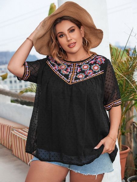 plus swiss dot embroidery blouse h8fn#, Black