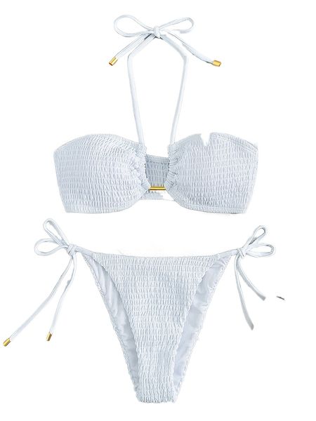 smocked halter tie side bikini swimsuit l5p0#, White;black
smocked halter tie side bikini swimsuit l5p0#, White;black