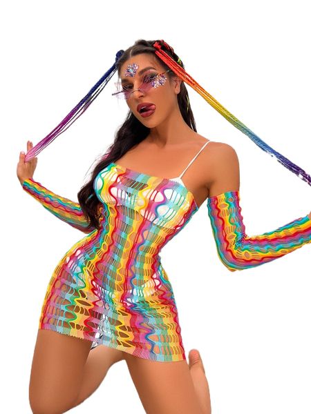 rainbow striped hollow out mesh dress & arm sleeves without lingerie c83y#, Black;red
rainbow striped hollow out mesh dress & arm sleeves without lingerie c83y#, Black;red