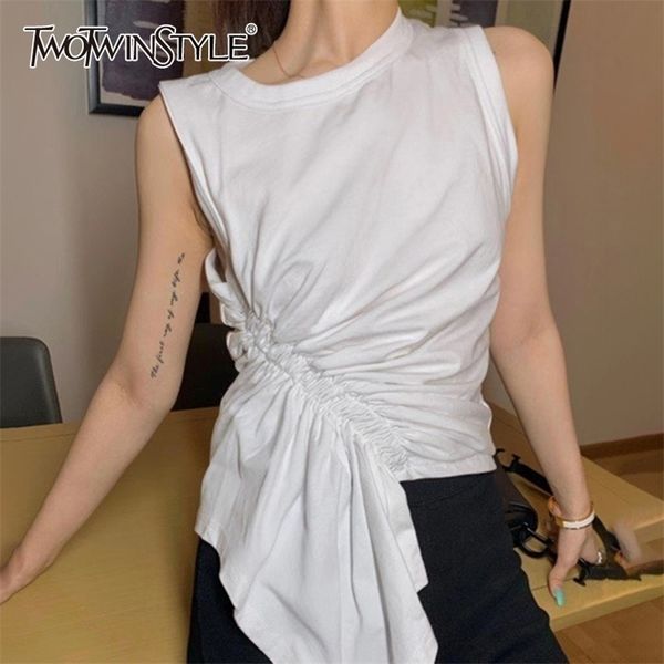 twowinsyle casual white shirt for women o neck sleeveless ruched irregular slim shirts females summer fashion stylish 220402
twowinsyle casual white shirt for women o neck sleeveless ruched irregular slim shirts females summer fashion stylish 220402