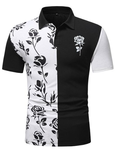 men floral print two tone polo shirt x5z1#, White;black 
men floral print two tone polo shirt x5z1#, White;black