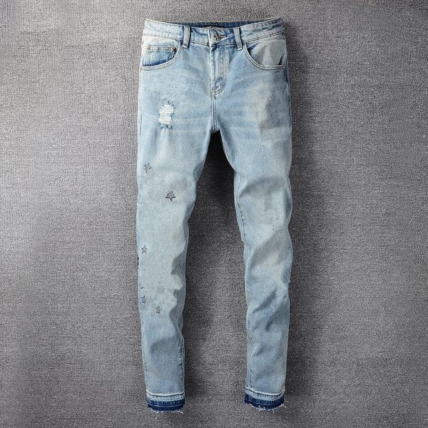 high street motorcycle wave jeans light blue cross print frayed slim fit men's jeans
high street motorcycle wave jeans light blue cross print frayed slim fit men's jeans