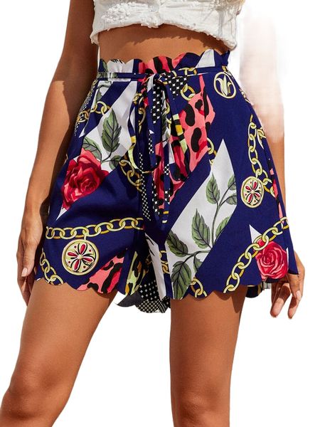 floral & chain print scallop trim belted shorts 97an#, White;black
floral & chain print scallop trim belted shorts 97an#, White;black