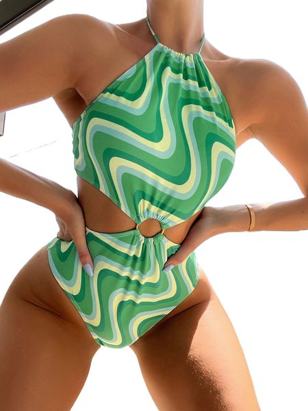 wave striped o-ring cut out tie backless halter one piece swimsuit f0v6#, White;black
wave striped o-ring cut out tie backless halter one piece swimsuit f0v6#, White;black