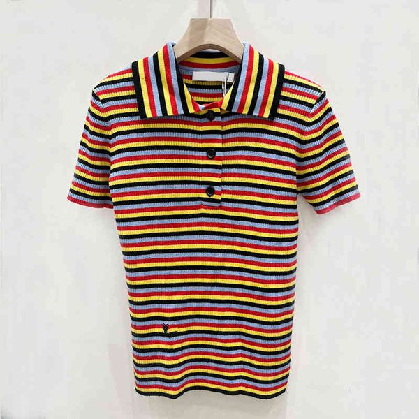 women's knits & tees d family spring and summer women's clothes lapel short sleeve rainbow stripe slim knit polo 1wp8, White 
women's knits & tees d family spring and summer women's clothes lapel short sleeve rainbow stripe slim knit polo 1wp8, White