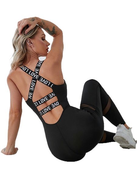 contrast letter tape crisscross mesh insert stitching sports jumpsuit c2c0#, Gray 
contrast letter tape crisscross mesh insert stitching sports jumpsuit c2c0#, Gray