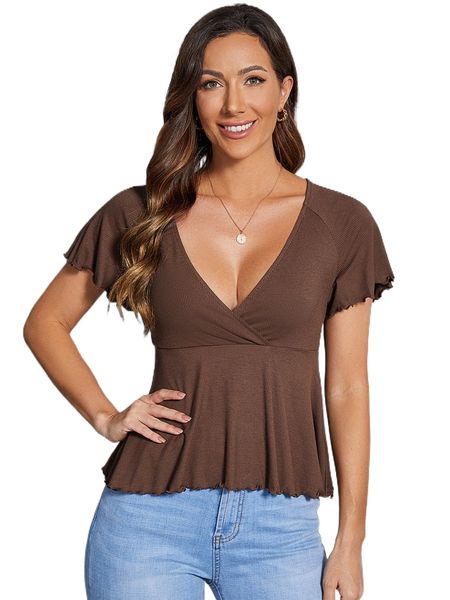 plunging neck rib-knit peplum d8b6#, White