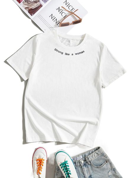 slogan print round neck tee 24to#, White