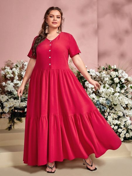 plus button front flounce hem dress 06az#, Black 
plus button front flounce hem dress 06az#, Black