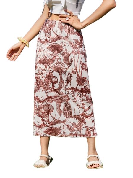 mushroom & plant print mesh skirt w4bh#, Black