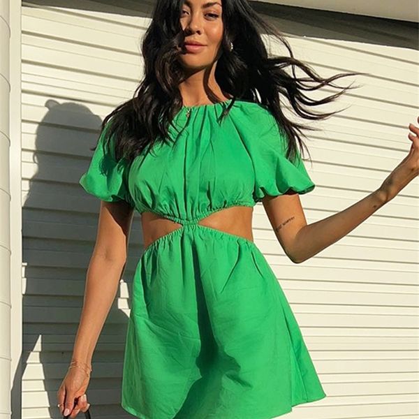 foridol backless lace up women summer dress green puff sleeve short beach dress vestidos solid drop dress 220511, Black;gray 
foridol backless lace up women summer dress green puff sleeve short beach dress vestidos solid drop dress 220511, Black;gray