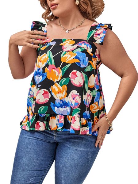 plus floral print ruffle trim h9zr#, Black
plus floral print ruffle trim h9zr#, Black