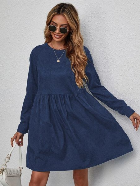 raglan sleeve corduroy smock dress b0a3#, Black;gray