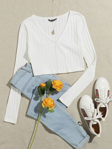 v neck button front ribbed m3p8#, White
v neck button front ribbed m3p8#, White