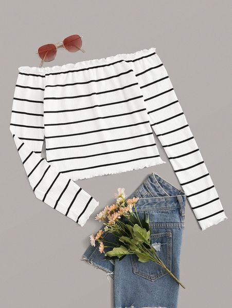 lettuce trim striped bardot u61m#, White