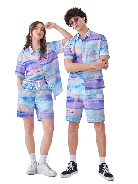 1pc tie dye shirt & 1pc drawstring waist shorts v5z5#, Gray