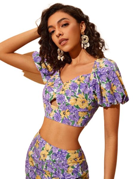 allover floral print puff sleeve cut out blouse t6xg#, White