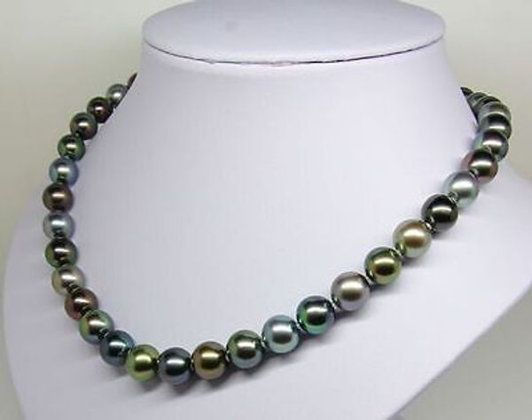 18"9-10mm tahitian genuine black peacock green multicolor round pearl necklace, Silver
18"9-10mm tahitian genuine black peacock green multicolor round pearl necklace, Silver