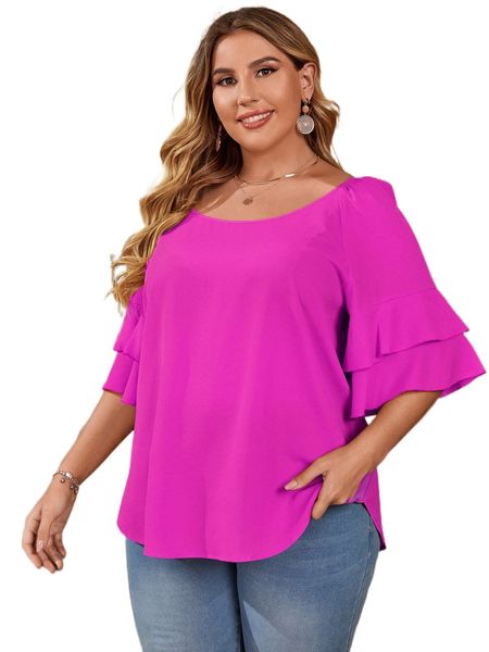plus flounce sleeve solid blouse b6q5#, Black
plus flounce sleeve solid blouse b6q5#, Black