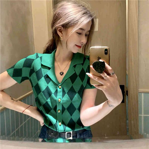 women's polos short cardigan summer design green plaid lapel fashion knitted v-neck short sleeve t-shirt t22l, White
women's polos short cardigan summer design green plaid lapel fashion knitted v-neck short sleeve t-shirt t22l, White