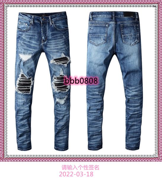 luxury solid classic mens jeans arrival designer fashion stitching leather biker ripped jeans distressed pants zebra stripes us, Blue