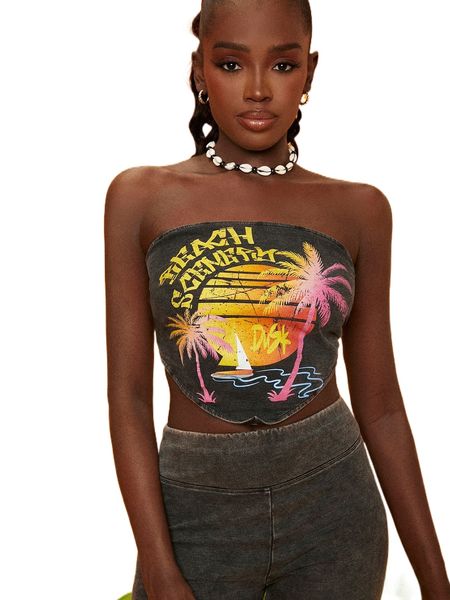 newness coconut tree & letter graphic hanky hem tube 67ub#, White 
newness coconut tree & letter graphic hanky hem tube 67ub#, White
