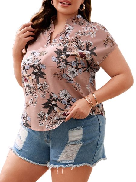 plus notch neck floral blouse o59m#, Black