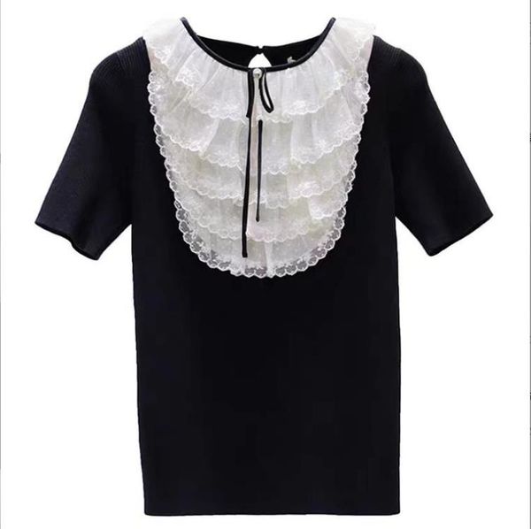 603 l 2022 runway summer brand same style sweater black lapel neck short sleeve women's sweaters yingjie, White;black
603 l 2022 runway summer brand same style sweater black lapel neck short sleeve women's sweaters yingjie, White;black