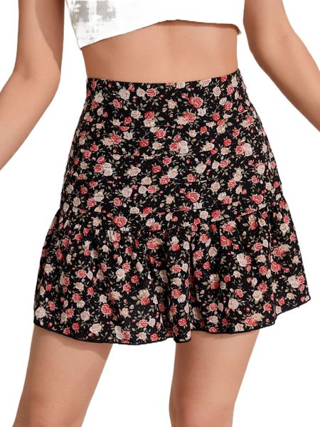 allover floral print pleated waist skirt u2ut#, Black