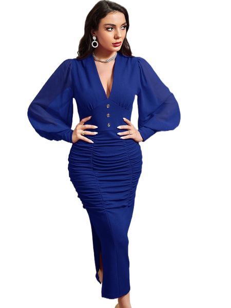 lantern sleeve ruched split hem dress f0yw#, Black;gray 
lantern sleeve ruched split hem dress f0yw#, Black;gray
