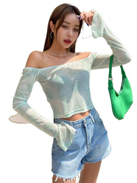 dazy floral print off shoulder split cuff mesh without bra u7m3#, White