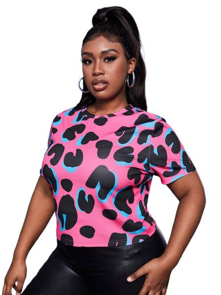 sxy plus leopard print round neck tee d8db#, Black