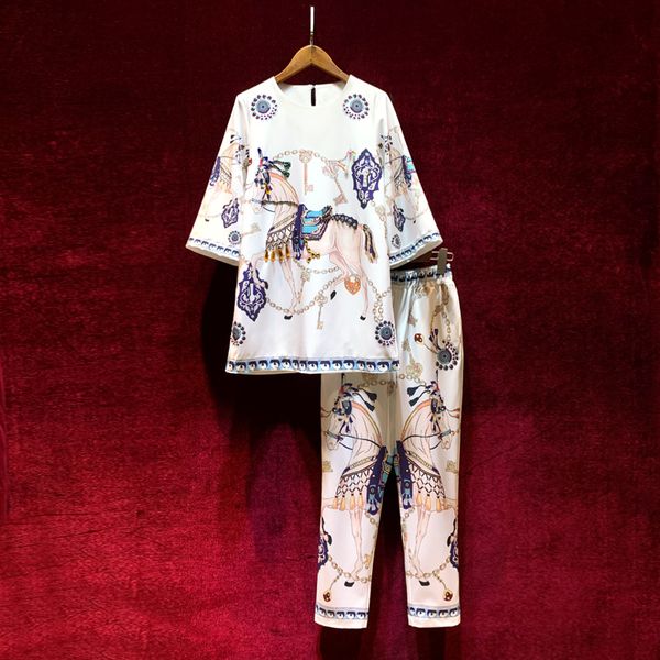 european and american women's wear spring 2022 new three-quarter sleeve horse printed beaded t-shirt nine minutes of pants suits, White
european and american women's wear spring 2022 new three-quarter sleeve horse printed beaded t-shirt nine minutes of pants suits, White
