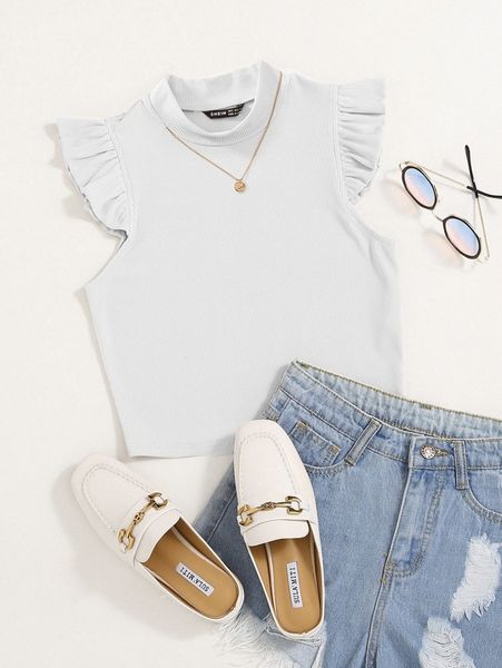 solid rib knit ruffle trimed k6xa#, White
solid rib knit ruffle trimed k6xa#, White