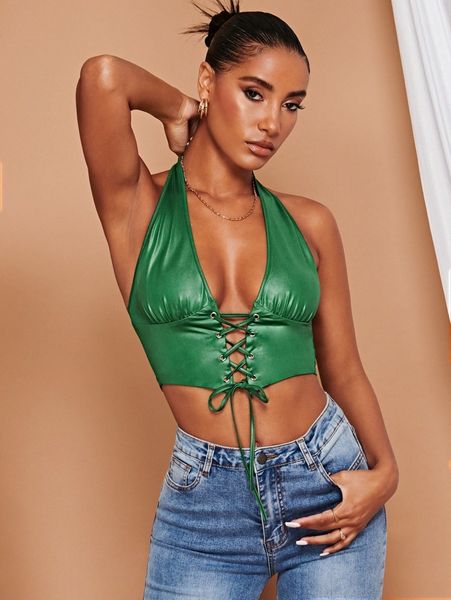 solid lace up backless halter j9si#, White