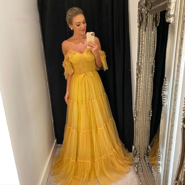 yellow sweetheart a-line prom dresses off the shoulder 3d flowers tiered tulle evening open back formal gowns, Black
