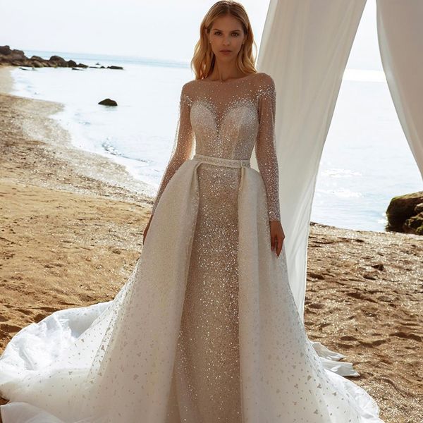 detachable shiny sequins ball gown wedding dresses strapless lace sequins beaded long sleeves button sweep train vintage robes de soiree, White
detachable shiny sequins ball gown wedding dresses strapless lace sequins beaded long sleeves button sweep train vintage robes de soiree, White