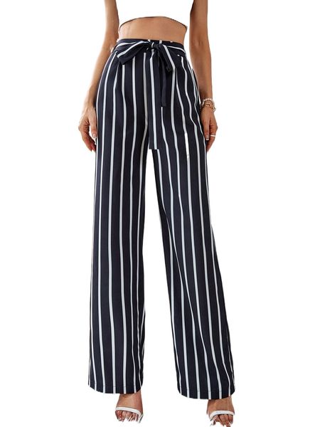 high waist vertical striped knot front pants 12oc#, Black;white