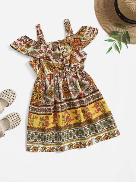 toddler girls allover print ruffle detail tank dress she, Red;yellow 
toddler girls allover print ruffle detail tank dress she, Red;yellow