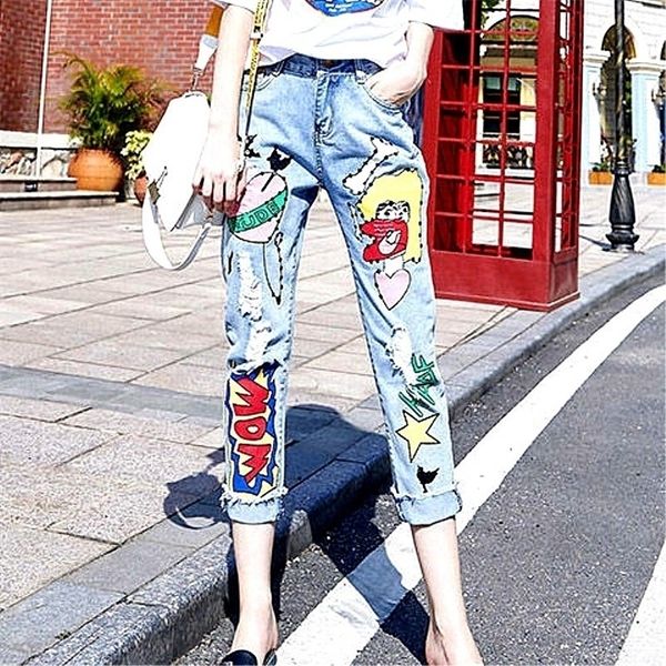 summer spring cartoon graffiti print denim women jeans trousers ripped holes pants capris young ladies trousers cc057 t200615, Blue
summer spring cartoon graffiti print denim women jeans trousers ripped holes pants capris young ladies trousers cc057 t200615, Blue