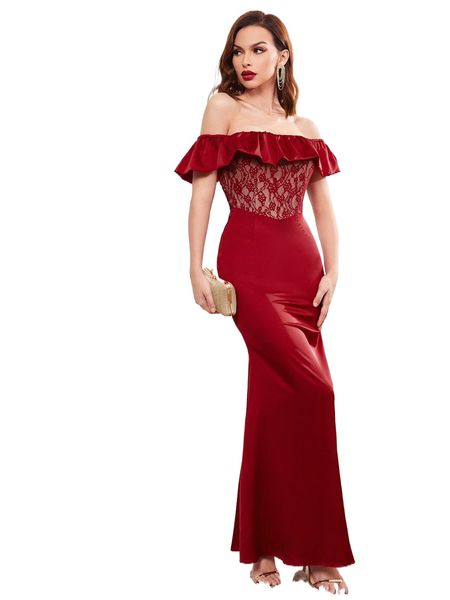 off shoulder ruffle trim sheer lace insert prom dress q26b#, Black;gray